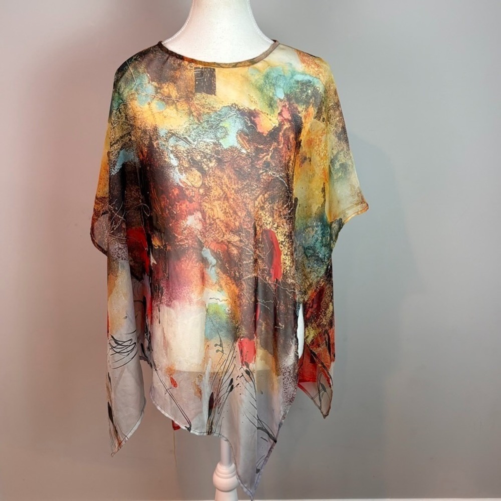 Sterling Styles Womens Artsilk colorful watercolor pattern lightweight poncho OS